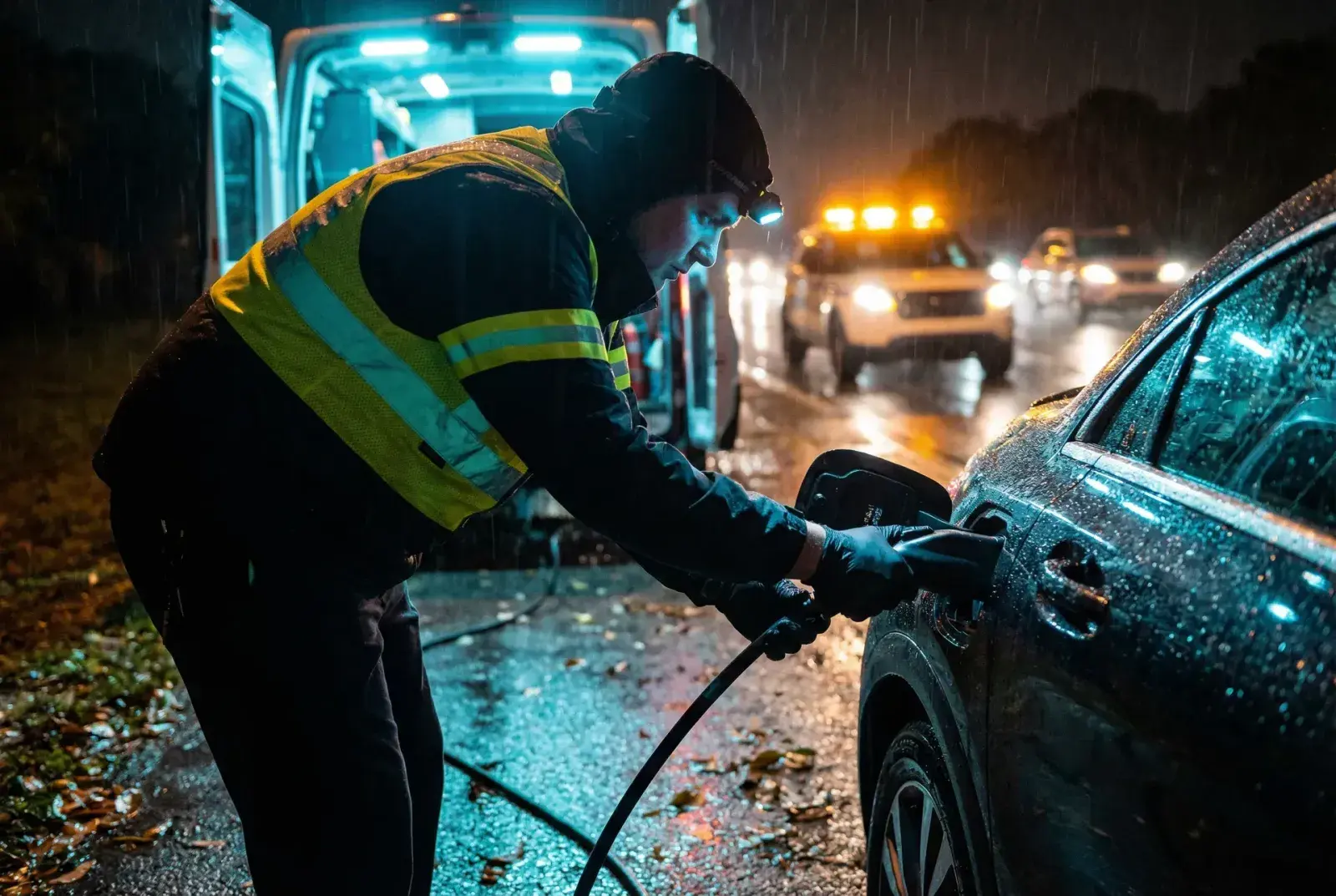 Rapid Charge EV technician charging a stranded electric vehicle at night