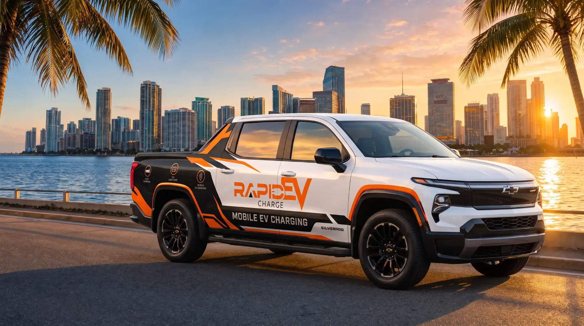 Rapid Charge EV mobile charging truck parked on the Miami waterfront at sunset with the downtown skyline behind