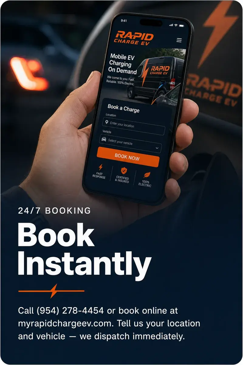 Step 1: Book instantly, 24/7. Call (954) 278-4454 or book online at myrapidchargeev.com with your location and vehicle, and we dispatch immediately.