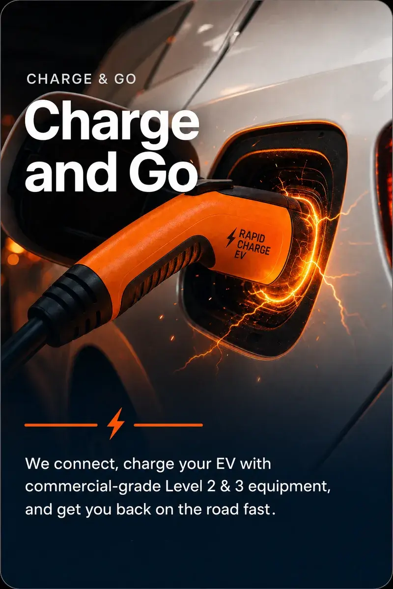 Step 3: Charge and go. We connect, charge your EV with commercial-grade Level 2 and 3 equipment, and get you back on the road fast.