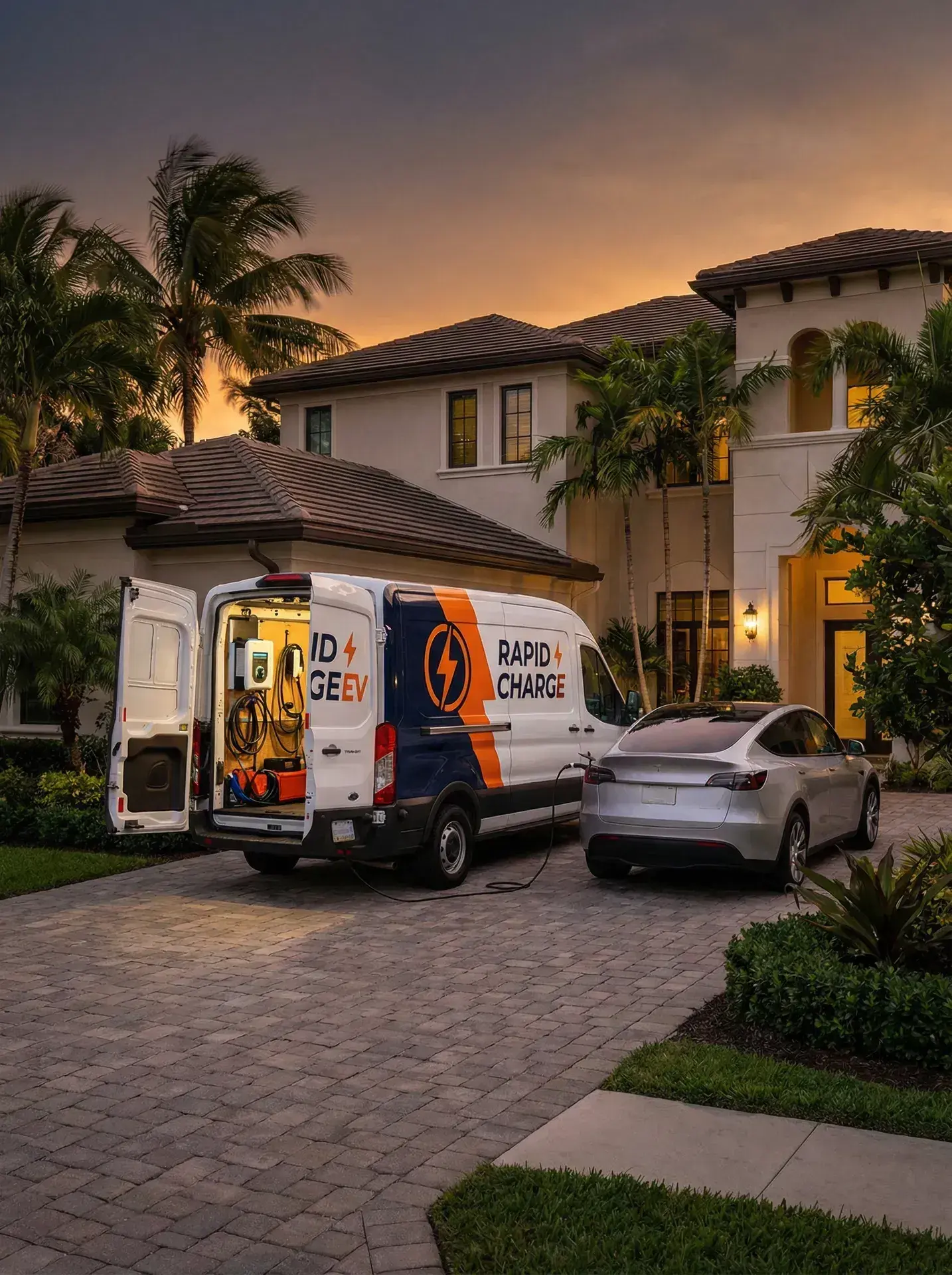 Mobile EV charging van servicing a vehicle at a South Florida home