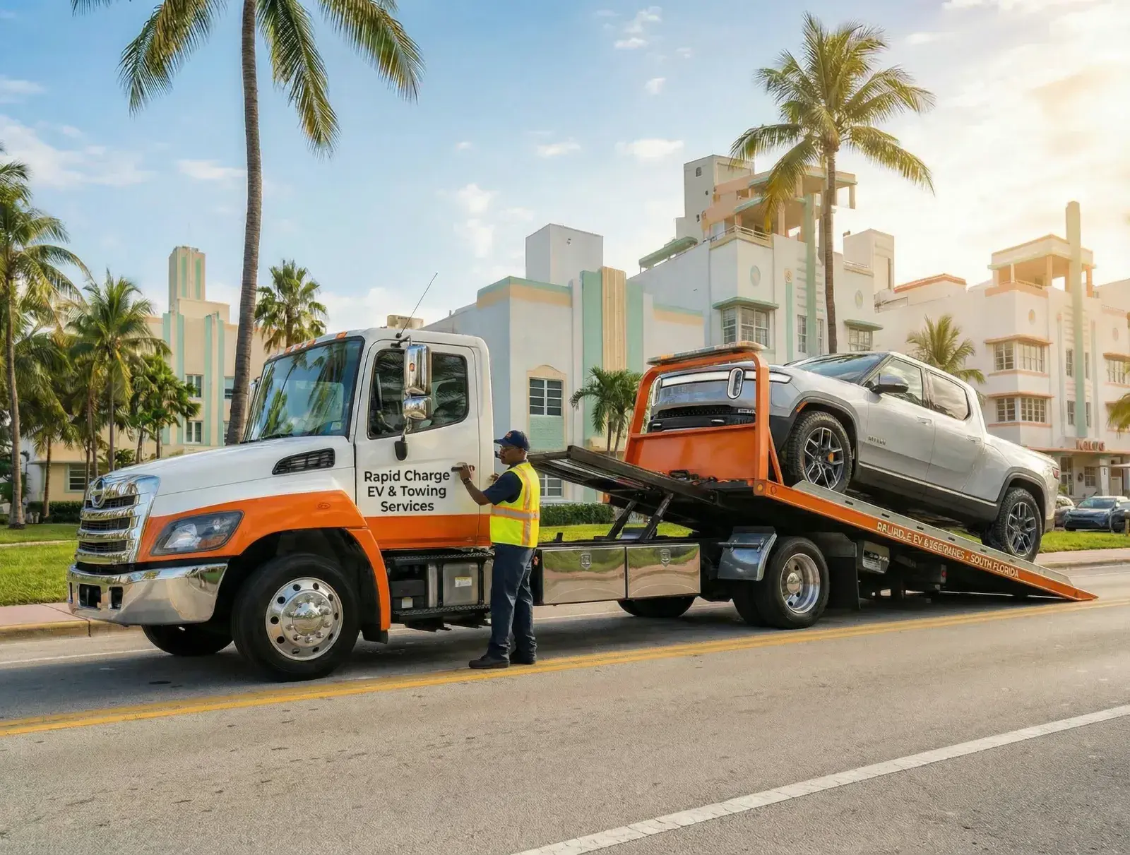Flatbed tow truck loading an EV for safe transport in South Florida